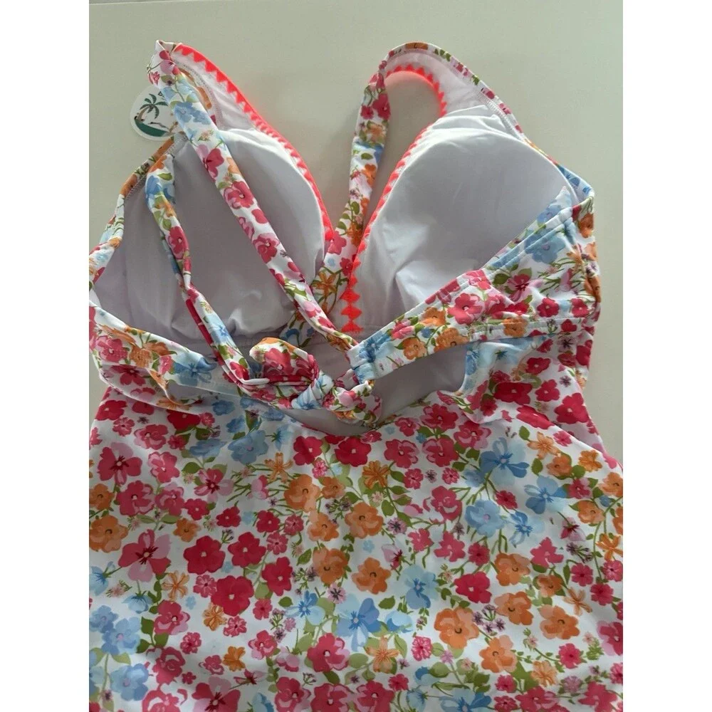 Women's One Piece Swimsuit Tummy Control Shell Stitch floral multicolor size L